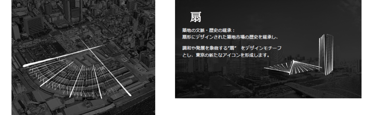 左:扇形にデザインされた築地市場/右:扇のデザインモチーフによる景観形成